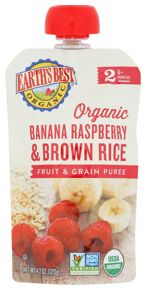 EARTHS BEST: Organic Fruit & Grain Puree Banana Raspberry Brown Rice, 4.2 Oz