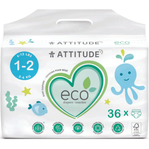 ATTITUDE: Biodegradable Baby Diapers Size 1 and 2, 36 un