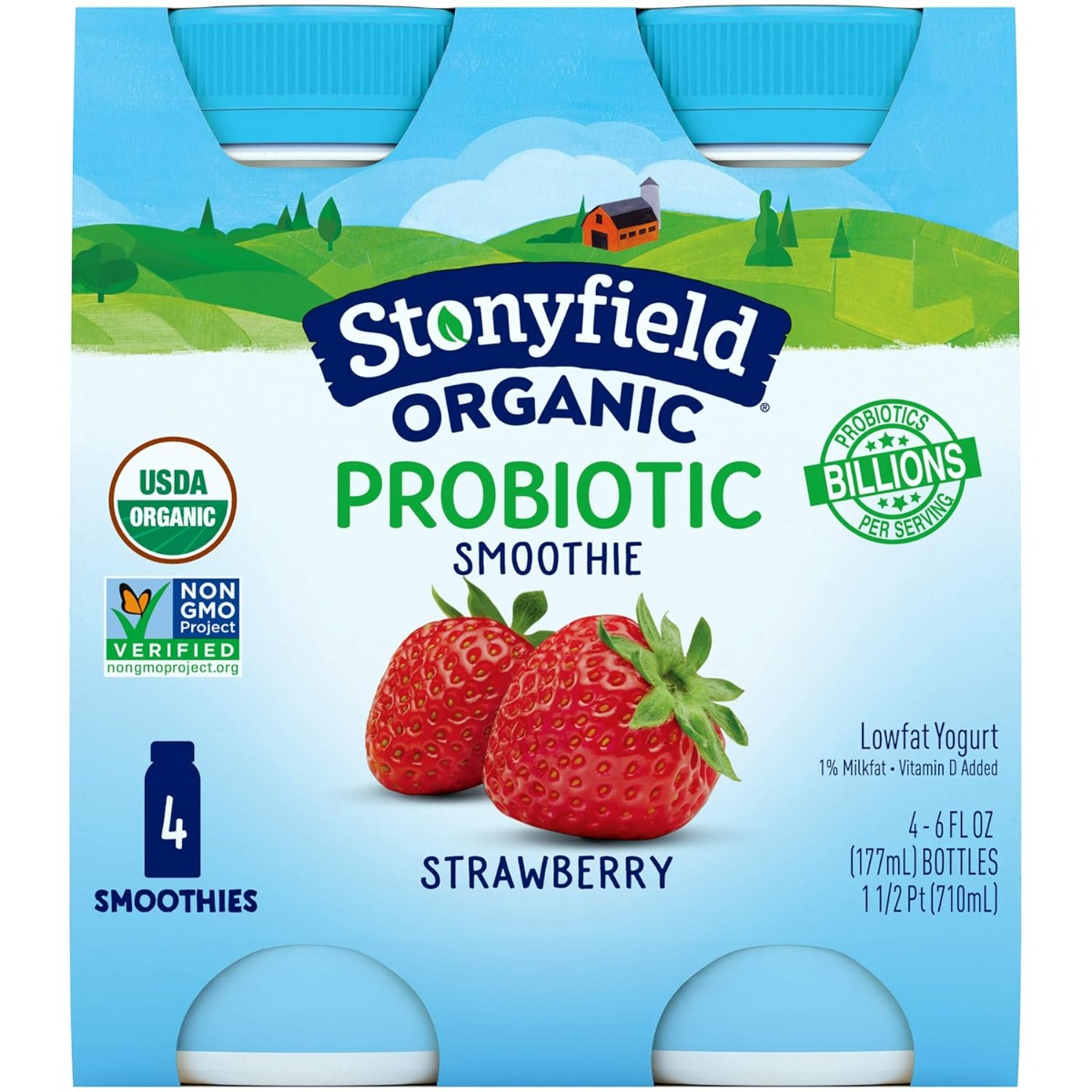 STONYFIELD: Organic Probiotic Lowfat Strawberry Yogurt Smoothies 4 Count, 24 oz