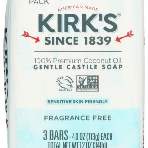 KIRKS: Original Coco Castile Bar Soap Fragrance Free 3x4oz Bars, 12 oz