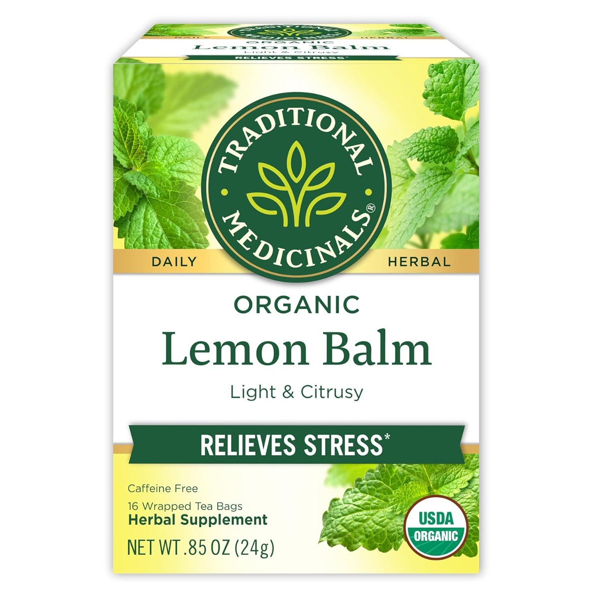 TRADITIONAL MEDICINALS: Organic Lemon Balm Caffeine Free Herbal Tea 16 Tea Bags, 0.85 oz